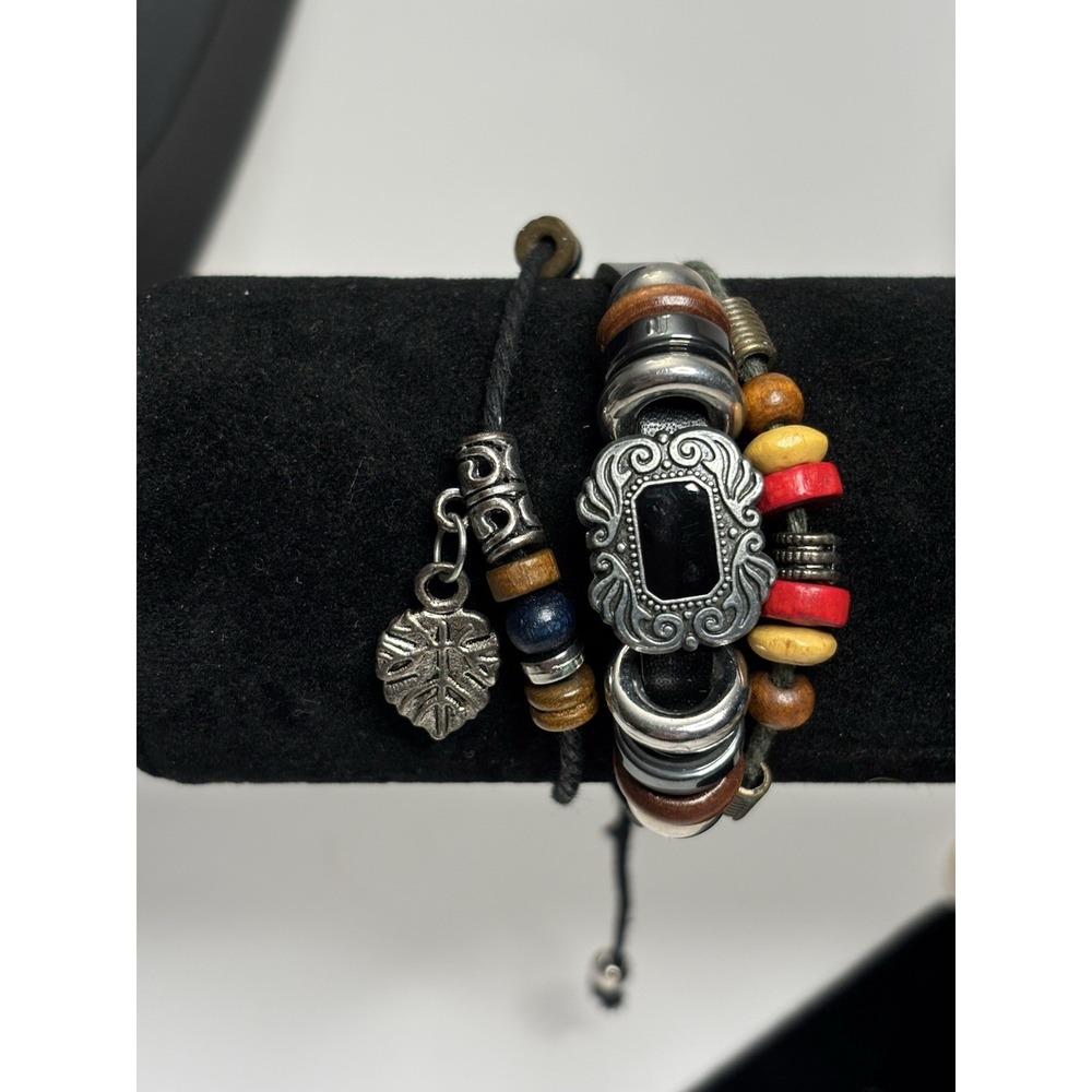 Boho Layered Cord Bracelet Black Stone Leaf Charm Wood Beads Adjustable